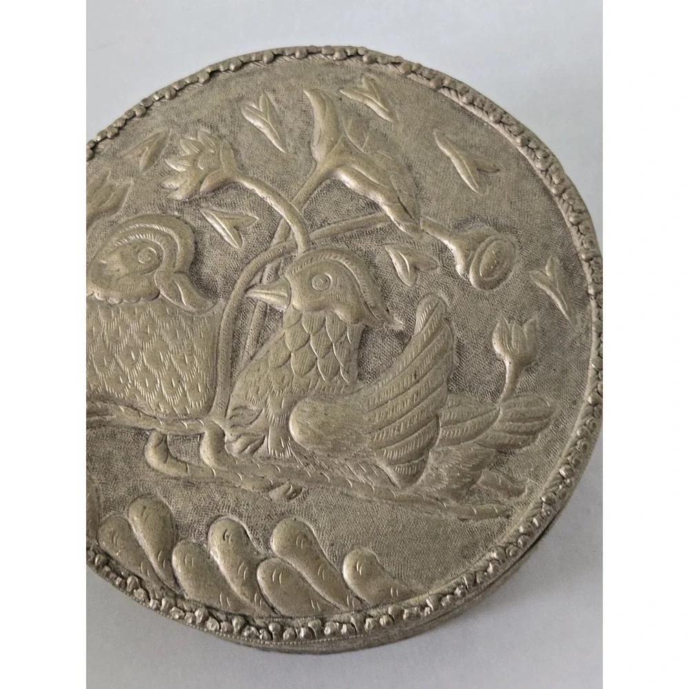 Vintage Persian Repousse Round Box Lid & Mirror Raised Bird Motif Silver Tone